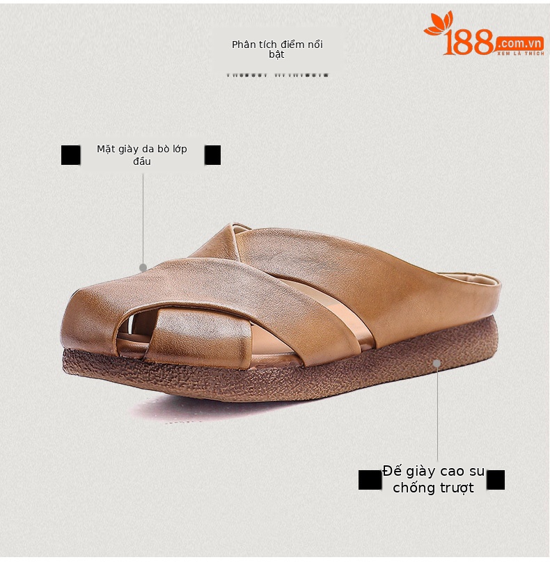 Dép sandal nữ bít mũi da bò thật đế bệt kiểu dáng điệu bộ — màu mơ chi tiết 3