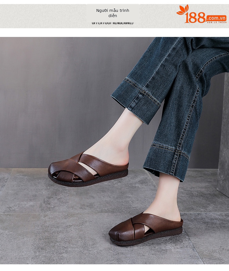 Dép sandal nữ bít mũi da bò thật đế bệt kiểu dáng điệu bộ — màu mơ chi tiết 9