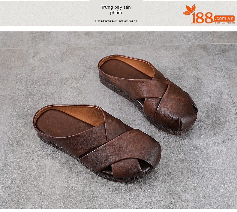 Dép sandal nữ bít mũi da bò thật đế bệt kiểu dáng điệu bộ — màu mơ chi tiết 10