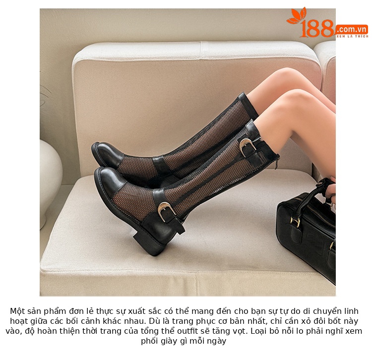 Boot nữ cổ cao hở lưới khóa dây rút đế dày thoáng khí — Ống tiêu chuẩn nâu, Ống rộng đen, Ống rộng nâu, Ống tiêu chuẩn đen chi tiết 4
