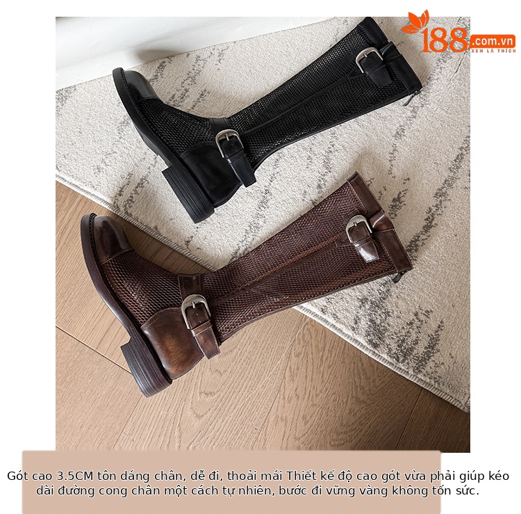 Boot nữ cổ cao hở lưới khóa dây rút đế dày thoáng khí — Ống tiêu chuẩn nâu, Ống rộng đen, Ống rộng nâu, Ống tiêu chuẩn đen chi tiết 6