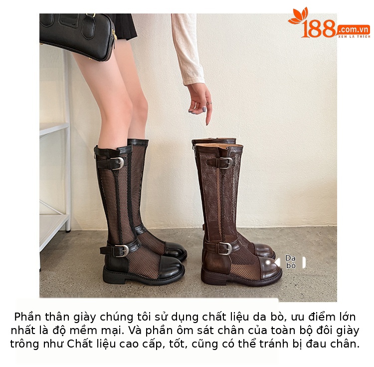 Boot nữ cổ cao hở lưới khóa dây rút đế dày thoáng khí — Ống tiêu chuẩn nâu, Ống rộng đen, Ống rộng nâu, Ống tiêu chuẩn đen chi tiết 7