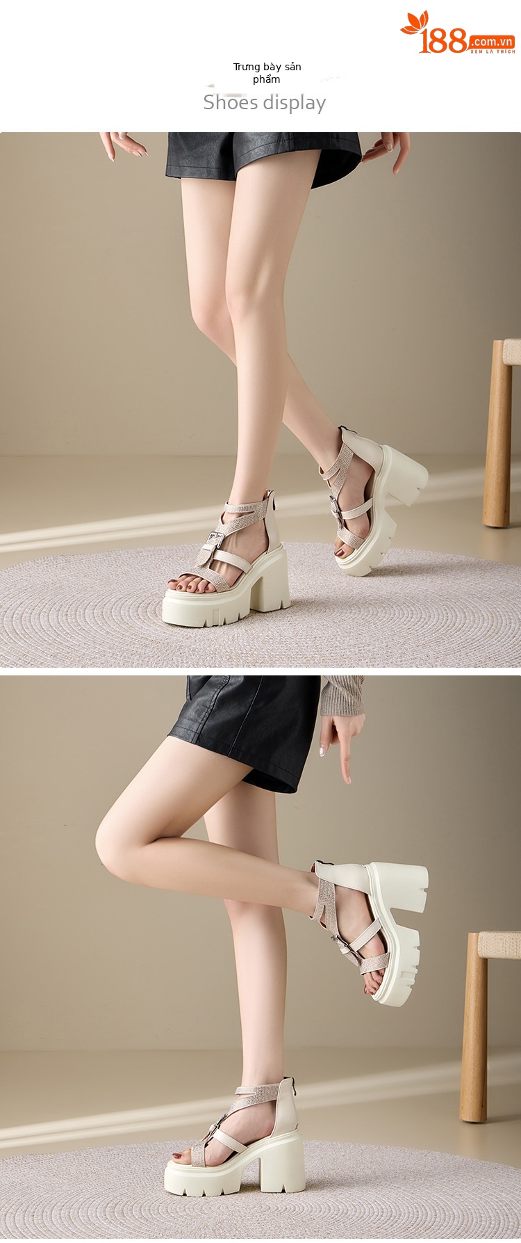Giày sandal cao gót nữ đính đá gót 12 cm đế xuồng phong cách La Mã — màu đen chi tiết 2