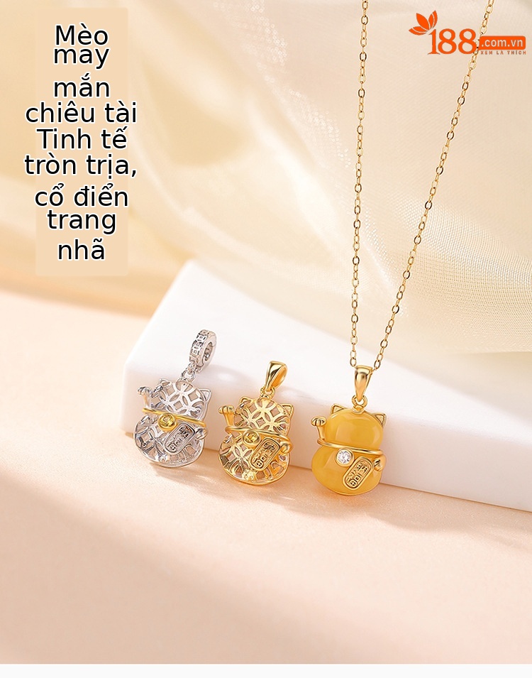 Mặt dây chuyền bạc S925 mạ vàng đính pha lê trắng hình mèo thần tài phong thủy mới — Bạch thủy tinh vàng (không kèm dây) chi tiết 1