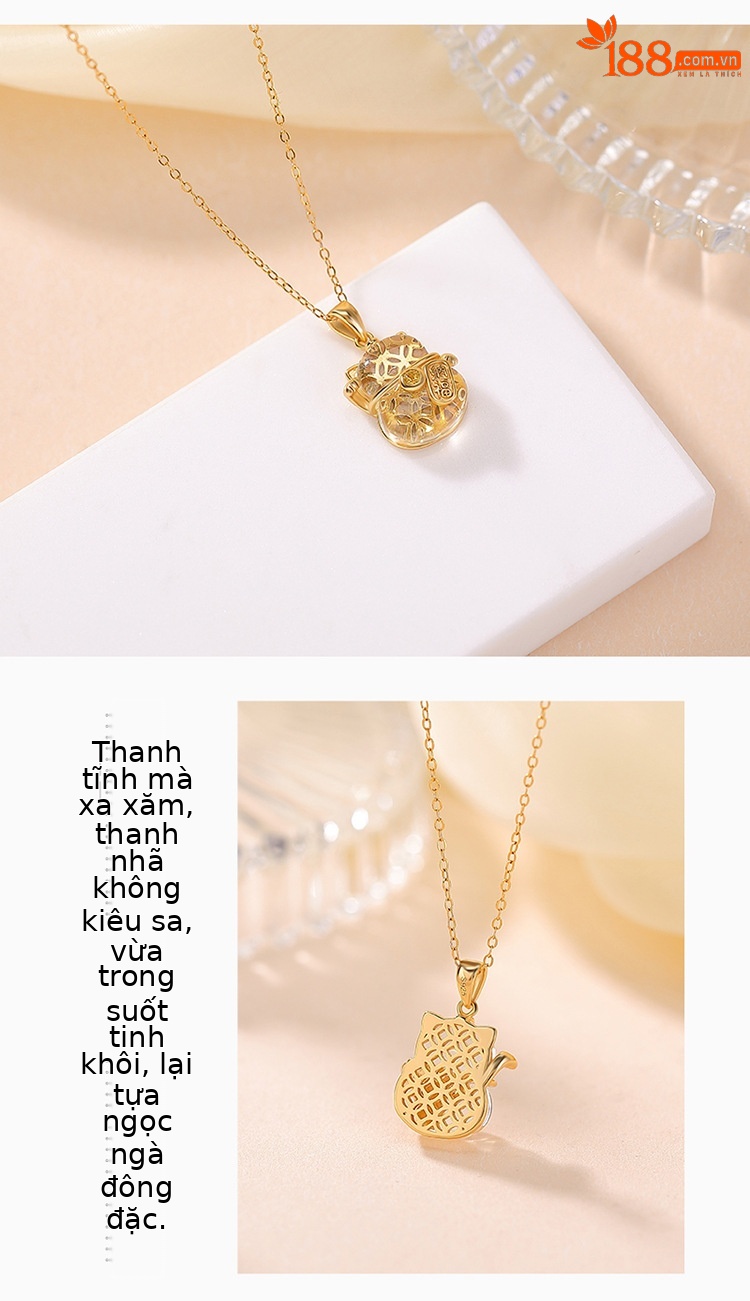Mặt dây chuyền bạc S925 mạ vàng đính pha lê trắng hình mèo thần tài phong thủy mới — Bạch thủy tinh vàng (không kèm dây) chi tiết 3
