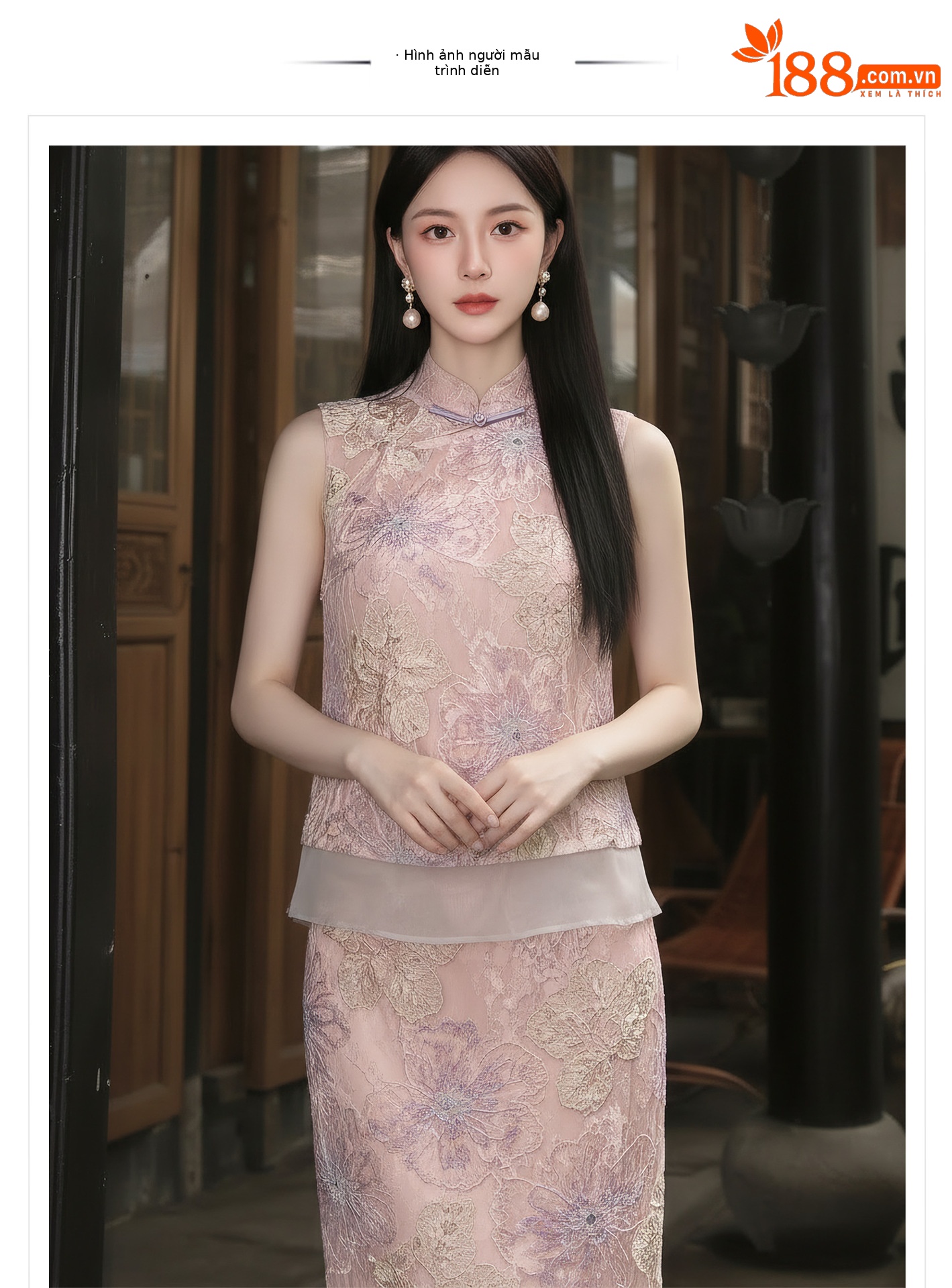 Set áo khoác gile + chân váy maxi Tân Trung Hoa thêu hoa, tay phối ren, eo thắt dây — nửa váy, Trang chủ chi tiết 1