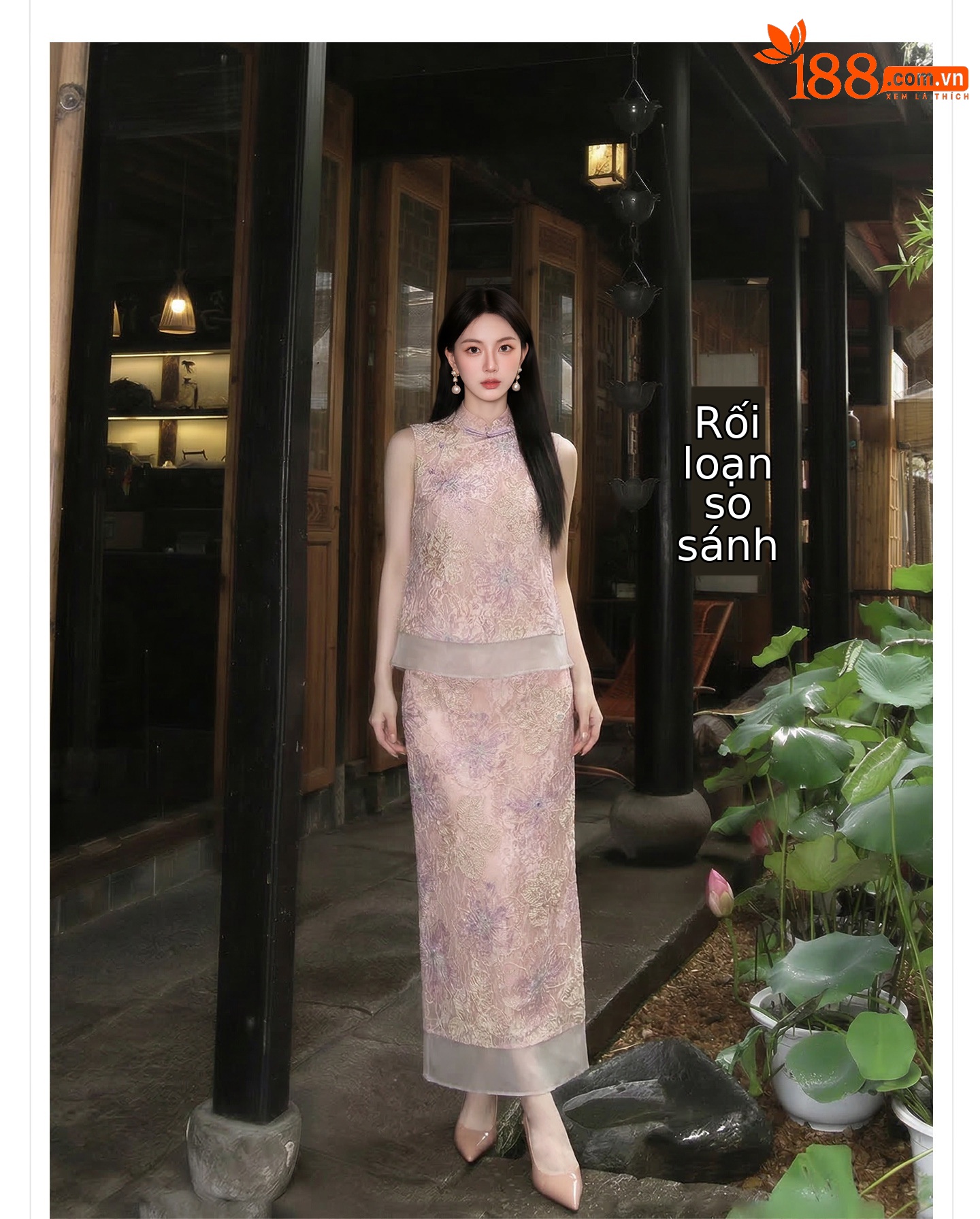 Set áo khoác gile + chân váy maxi Tân Trung Hoa thêu hoa, tay phối ren, eo thắt dây — nửa váy, Trang chủ chi tiết 3