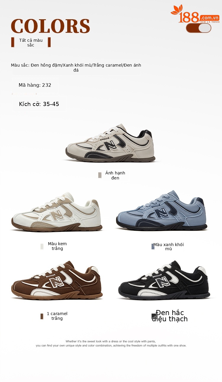 Giày sneaker unisex chunky đế dày phong cách Balance cổ điển — 232 Đen Hắc Diệu chi tiết 6