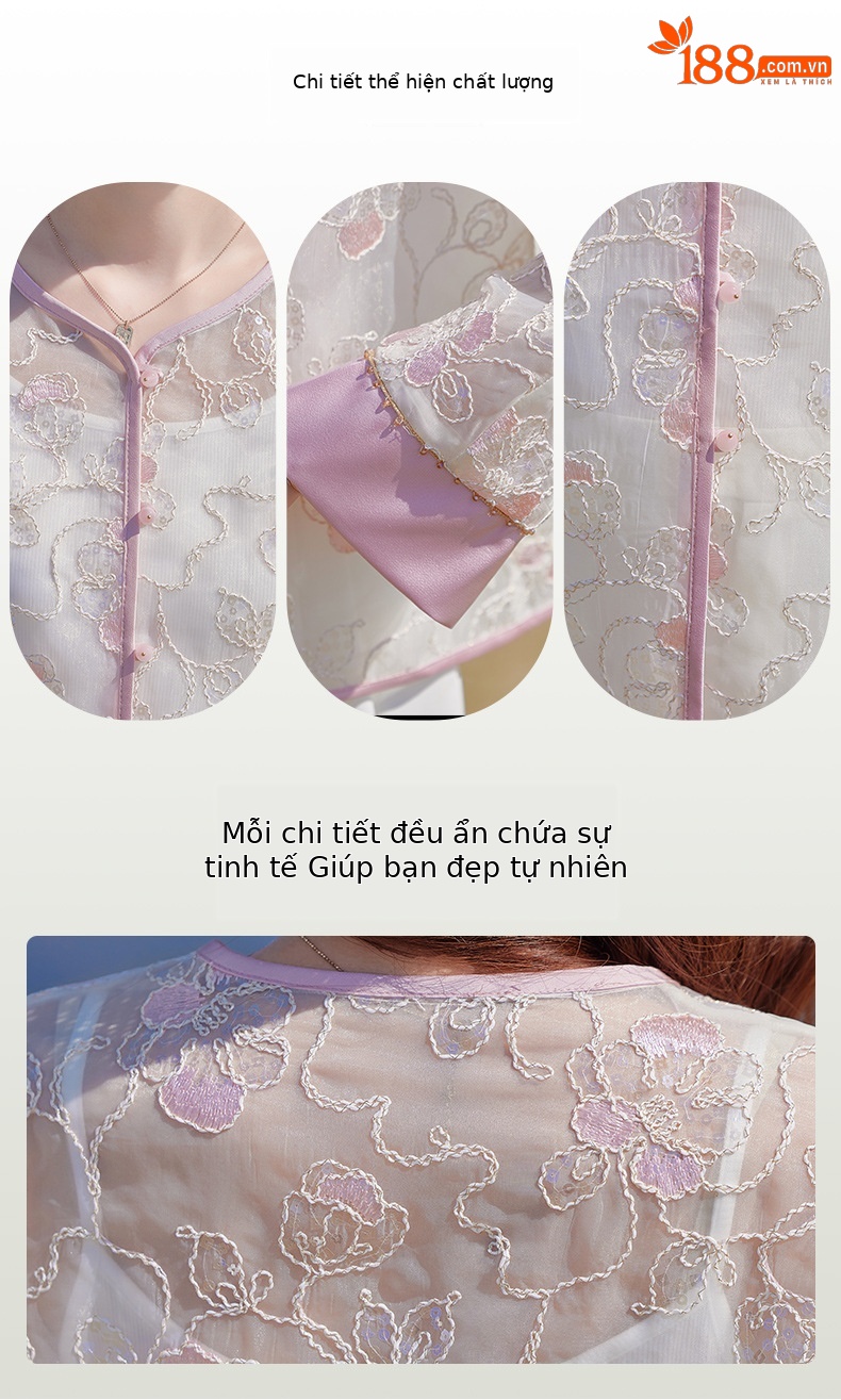 Áo cardigan nữ tay dài thêu hoa cổ tròn phối nút — Màu hồng, màu mơ chi tiết 3