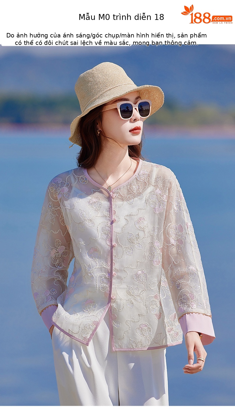 Áo cardigan nữ tay dài thêu hoa cổ tròn phối nút — Màu hồng, màu mơ chi tiết 8