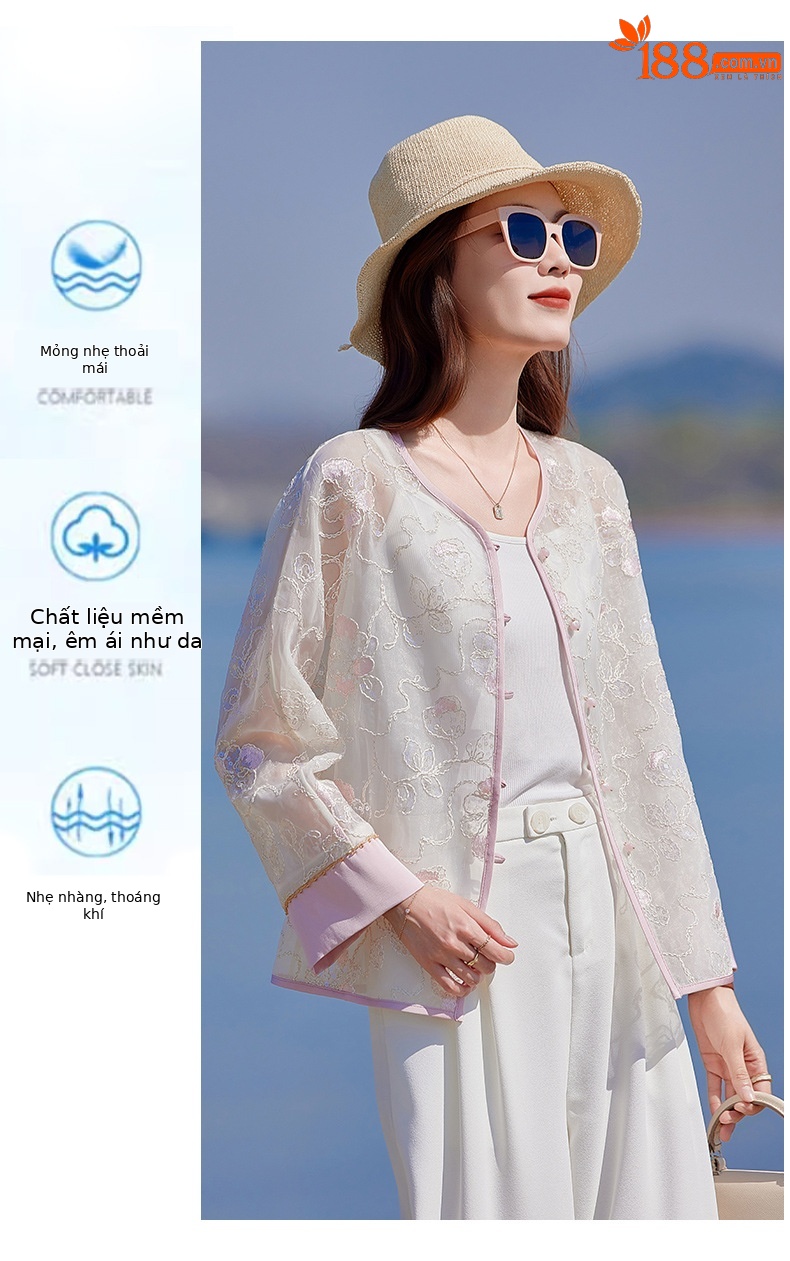Áo cardigan nữ tay dài thêu hoa cổ tròn phối nút — Màu hồng, màu mơ chi tiết 10
