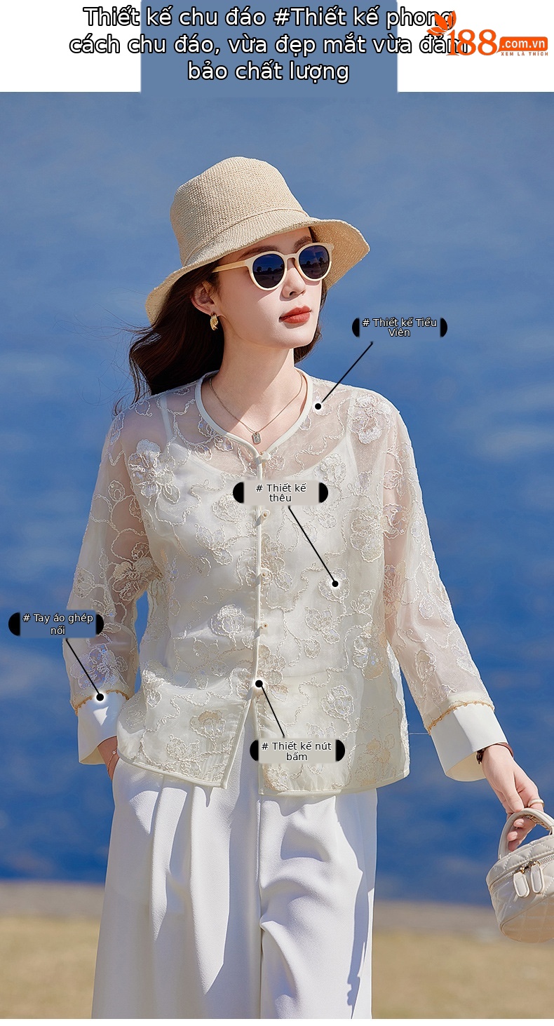Áo cardigan nữ tay dài thêu hoa cổ tròn phối nút — Màu hồng, màu mơ chi tiết 2