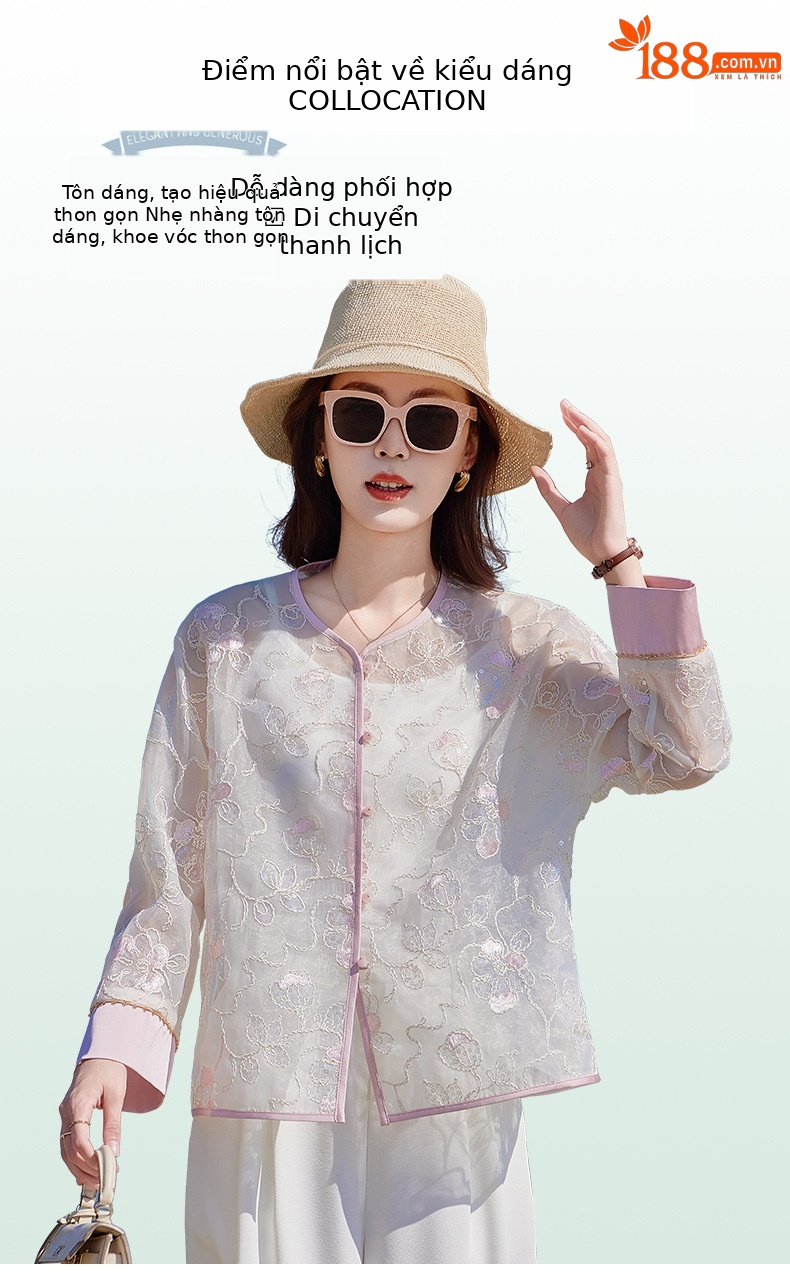 Áo cardigan nữ tay dài thêu hoa cổ tròn phối nút — Màu hồng, màu mơ chi tiết 5