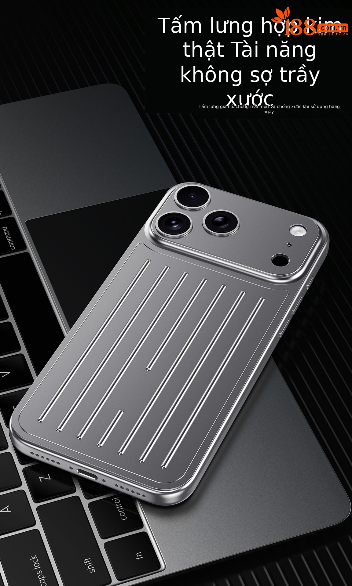 Ốp lưng iPhone 16/17 Pro Max kim loại chống sốc, chống vân tay, thiết kế vali độc đáo — Cam, Đen, Vàng sa mạc, Xanh titan chi tiết 6