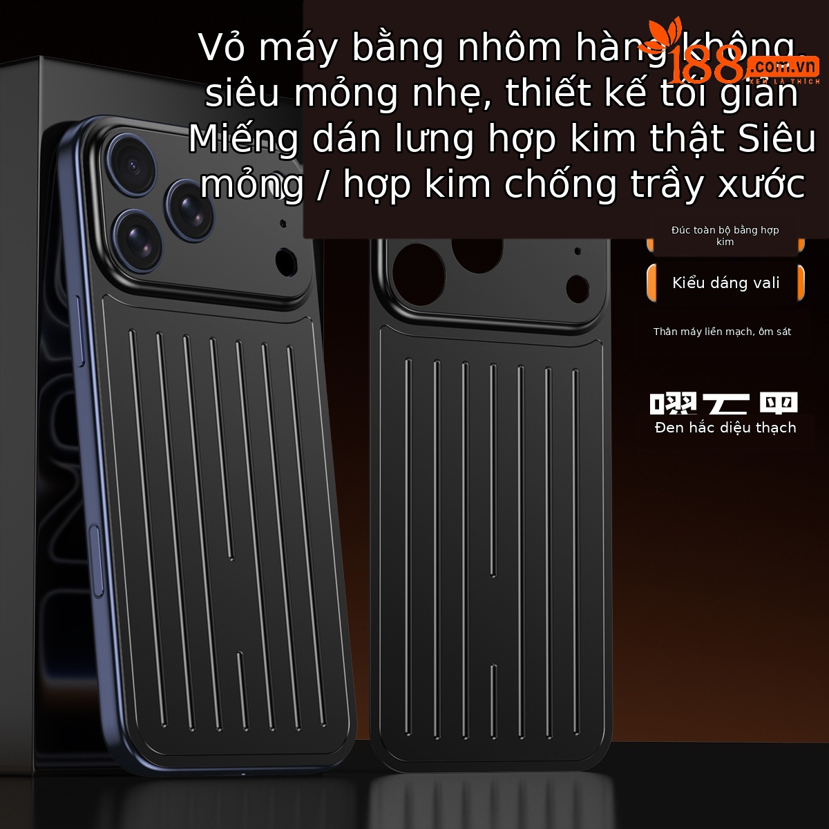 Ốp lưng iPhone 16/17 Pro Max kim loại chống sốc, chống vân tay, thiết kế vali độc đáo — Cam, Đen, Vàng sa mạc, Xanh titan chi tiết 13
