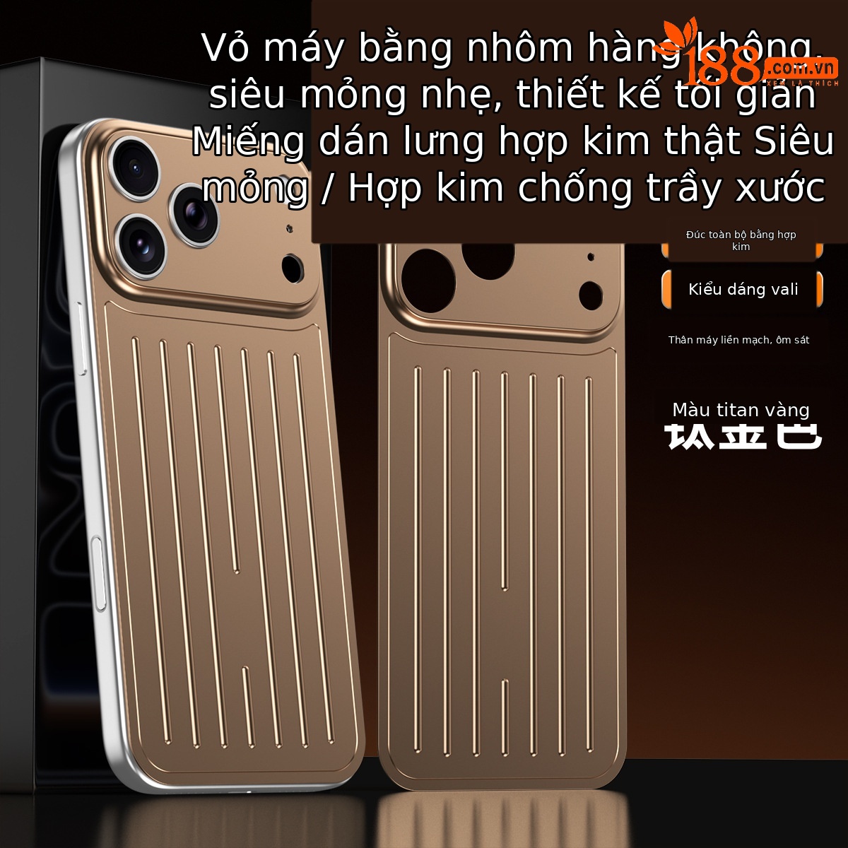 Ốp lưng iPhone 16/17 Pro Max kim loại chống sốc, chống vân tay, thiết kế vali độc đáo — Cam, Đen, Vàng sa mạc, Xanh titan chi tiết 14