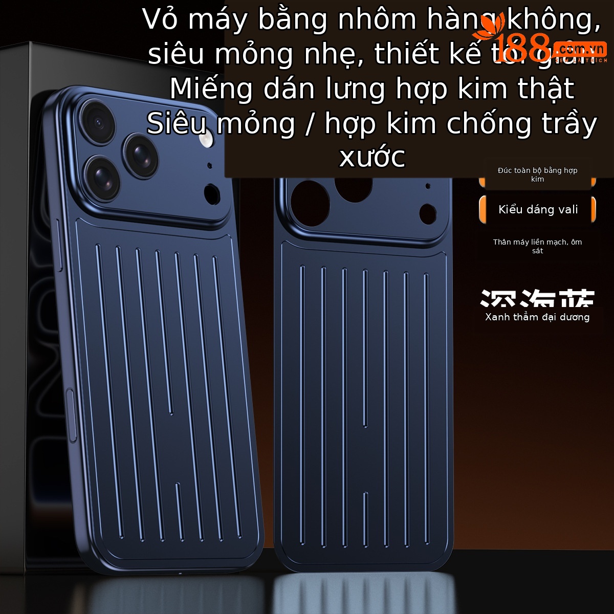 Ốp lưng iPhone 16/17 Pro Max kim loại chống sốc, chống vân tay, thiết kế vali độc đáo — Cam, Đen, Vàng sa mạc, Xanh titan chi tiết 15