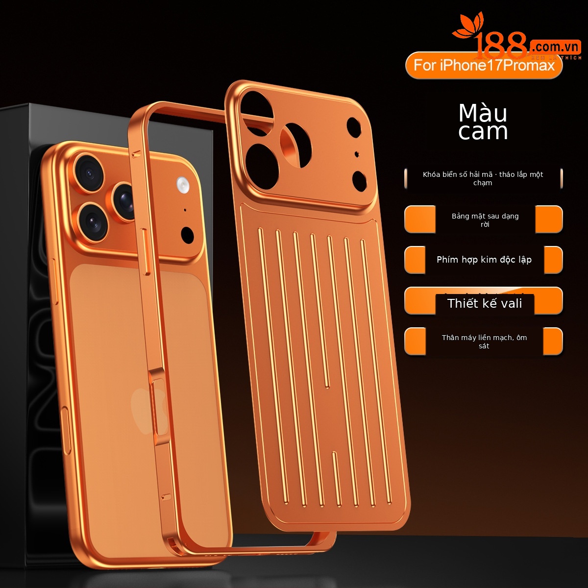 Ốp lưng iPhone 16/17 Pro Max kim loại chống sốc, chống vân tay, thiết kế vali độc đáo — Cam, Đen, Vàng sa mạc, Xanh titan chi tiết 17