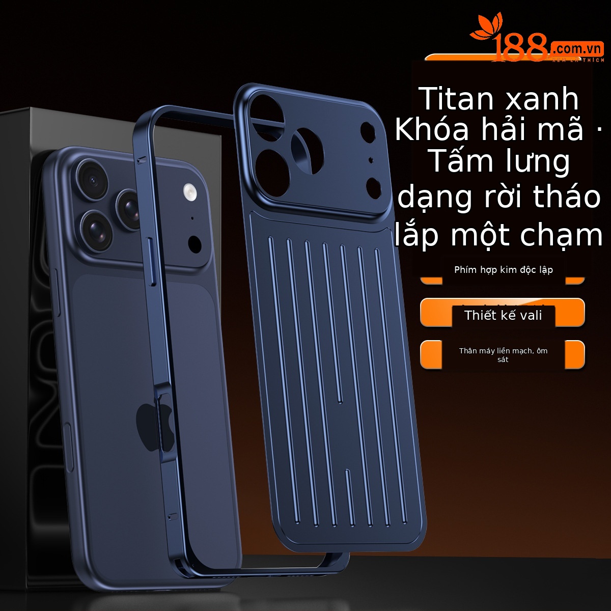 Ốp lưng iPhone 16/17 Pro Max kim loại chống sốc, chống vân tay, thiết kế vali độc đáo — Cam, Đen, Vàng sa mạc, Xanh titan chi tiết 18