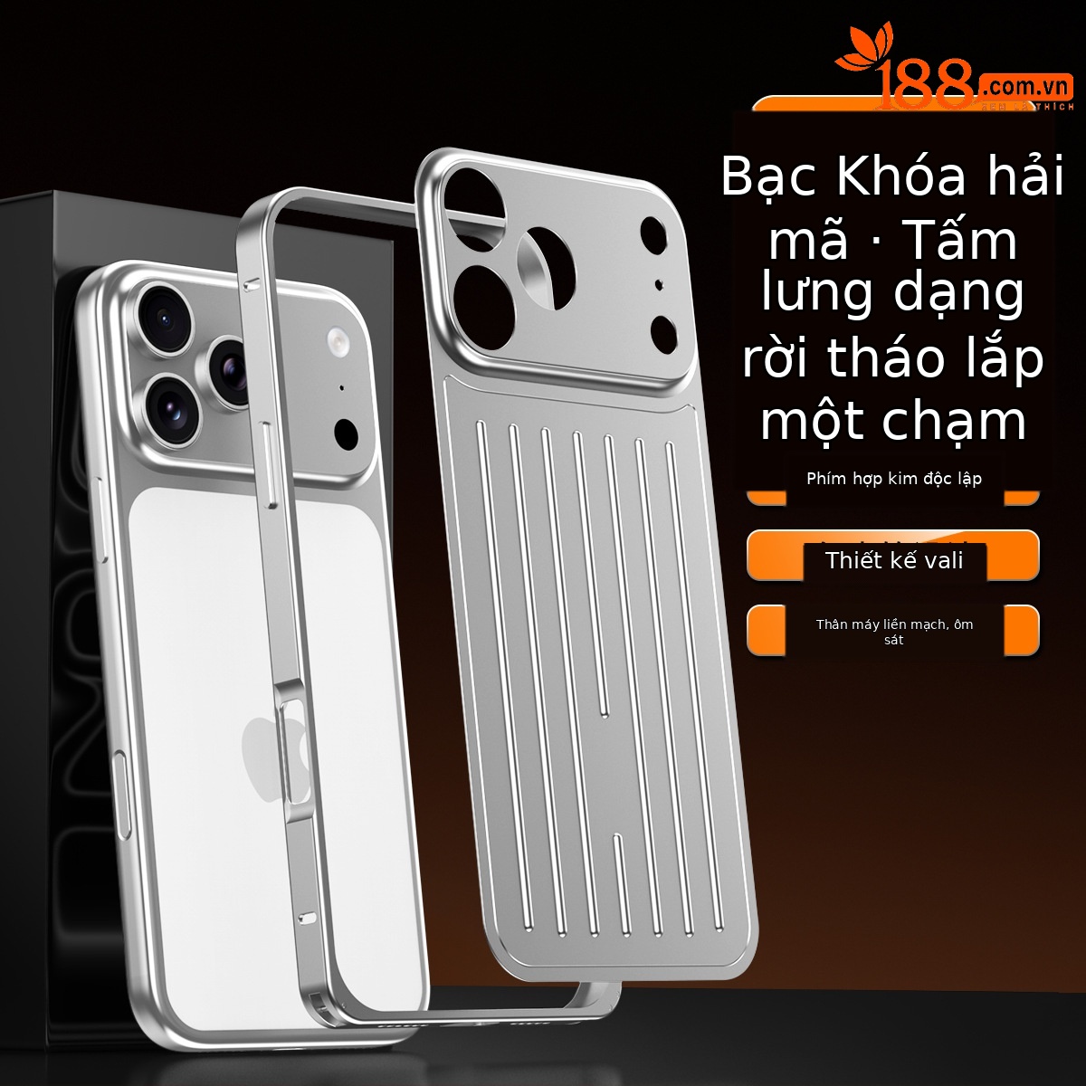 Ốp lưng iPhone 16/17 Pro Max kim loại chống sốc, chống vân tay, thiết kế vali độc đáo — Cam, Đen, Vàng sa mạc, Xanh titan chi tiết 19