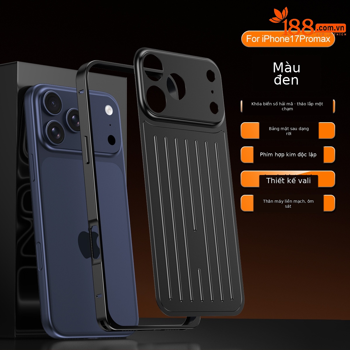 Ốp lưng iPhone 16/17 Pro Max kim loại chống sốc, chống vân tay, thiết kế vali độc đáo — Cam, Đen, Vàng sa mạc, Xanh titan chi tiết 21
