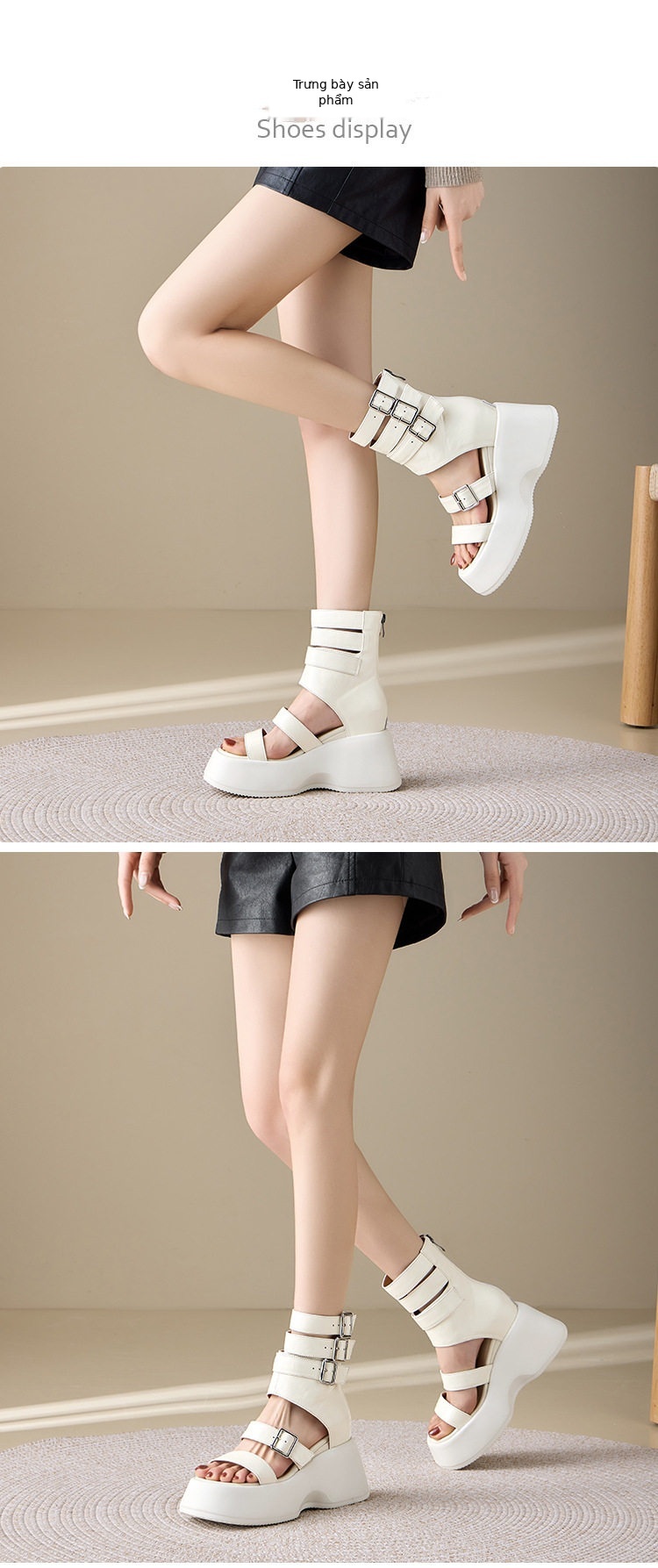 Sandal cao gót nữ hở mũi quai ngang đế dày 8 cm phong cách La Mã da bò mềm — [Trắng kem], [Đen] chi tiết 2