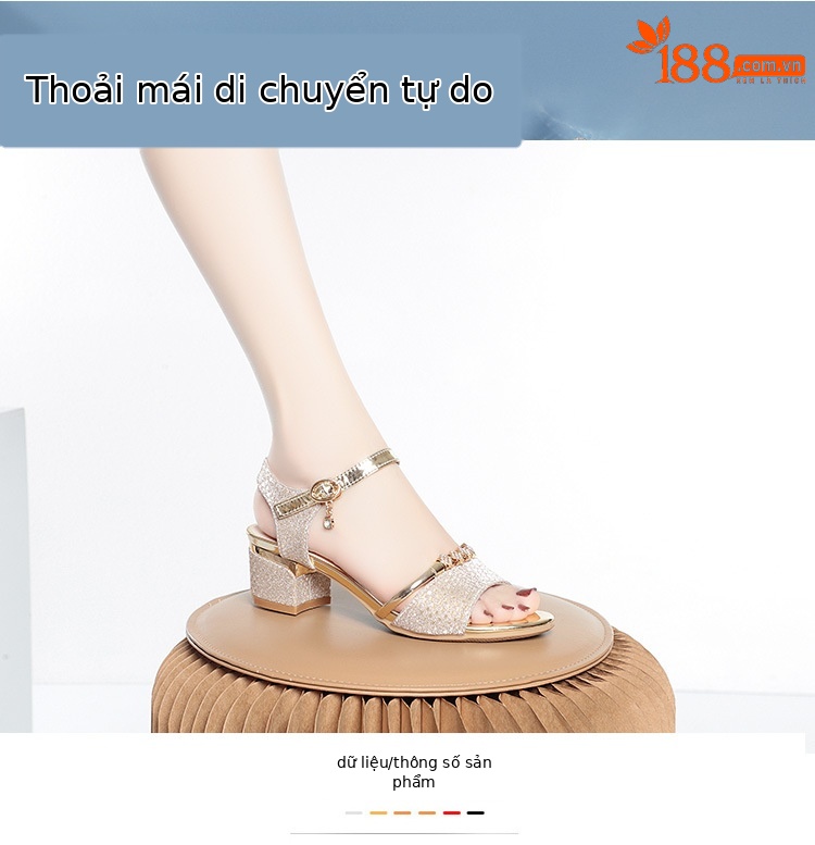Sandal nữ hở mũi da thật gót thấp đế mềm — màu vàng chi tiết 2