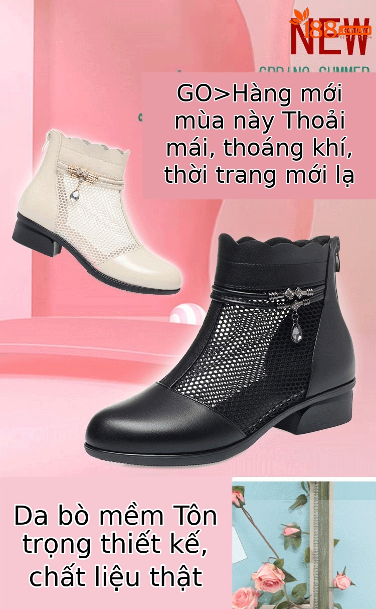 Boot nữ cổ thấp da thật lỗi họa tiết gót vuông phong cách Martin — màu be chi tiết 1