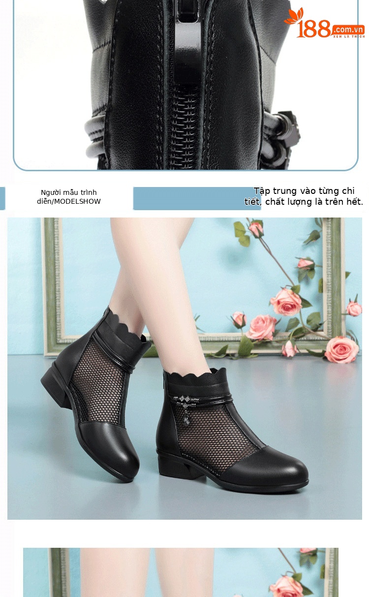 Boot nữ cổ thấp da thật lỗi họa tiết gót vuông phong cách Martin — màu be chi tiết 5