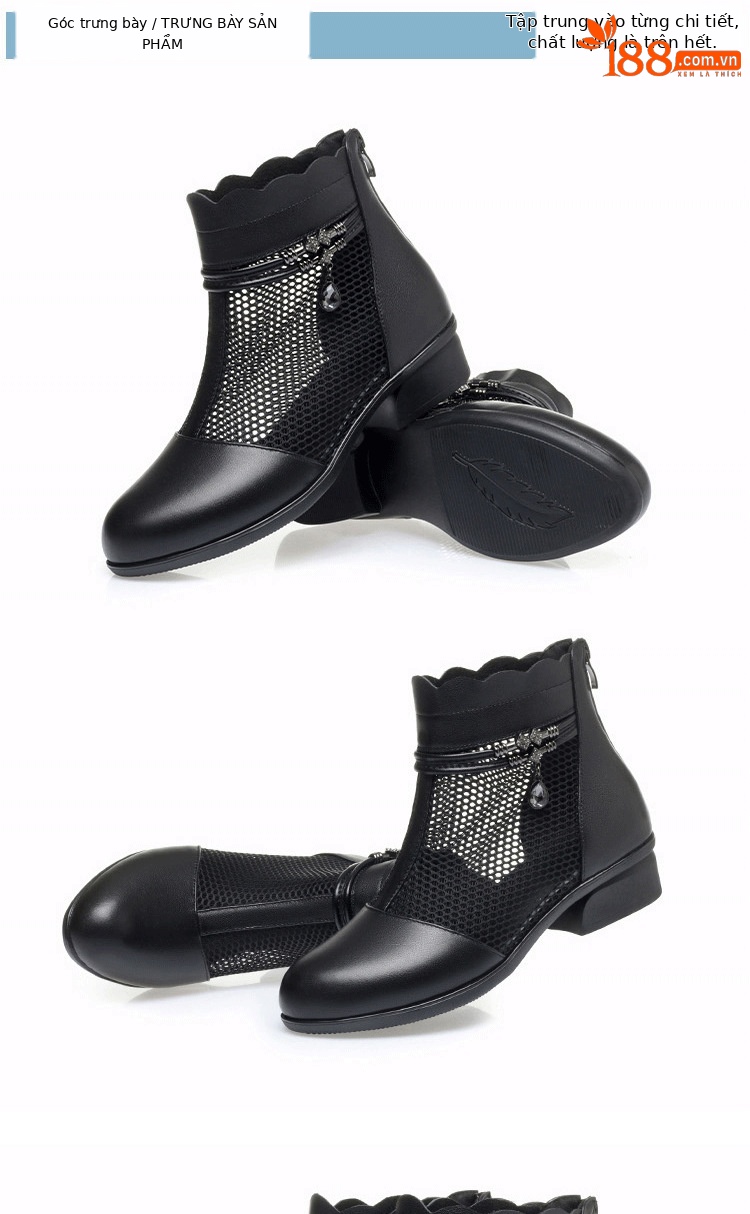 Boot nữ cổ thấp da thật lỗi họa tiết gót vuông phong cách Martin — màu be chi tiết 11
