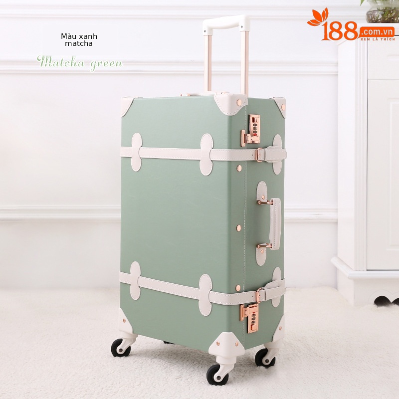 Vali kéo vintage da màu xanh lá cây 20 inch bánh xe xoay 360 độ, kèm hộp quà tặng — trà xanh matcha
