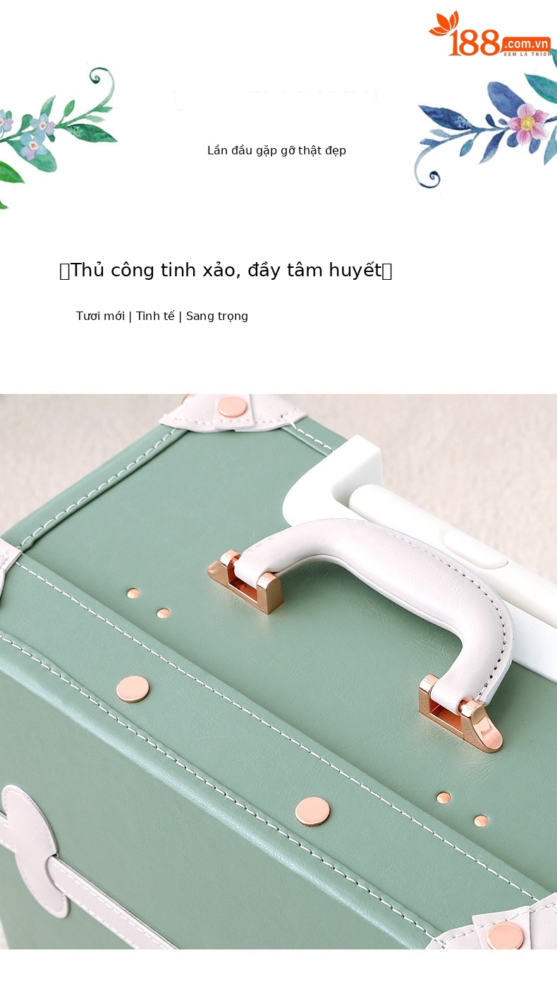 Vali kéo vintage da màu xanh lá cây 20 inch bánh xe xoay 360 độ, kèm hộp quà tặng — trà xanh matcha chi tiết 9