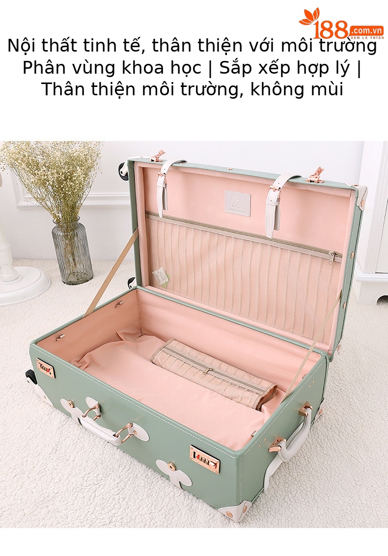 Vali kéo vintage da màu xanh lá cây 20 inch bánh xe xoay 360 độ, kèm hộp quà tặng — trà xanh matcha chi tiết 12