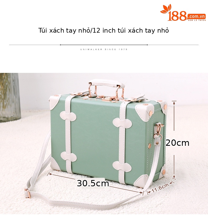 Vali kéo vintage da màu xanh lá cây 20 inch bánh xe xoay 360 độ, kèm hộp quà tặng — trà xanh matcha chi tiết 13