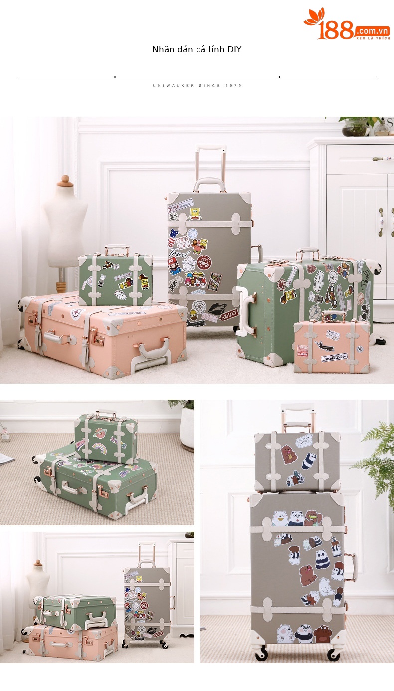 Vali kéo vintage da màu xanh lá cây 20 inch bánh xe xoay 360 độ, kèm hộp quà tặng — trà xanh matcha chi tiết 16