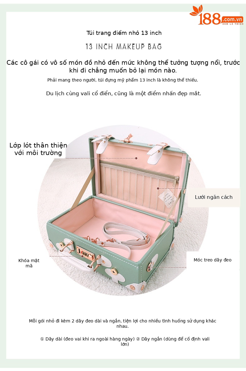 Vali kéo vintage da màu xanh lá cây 20 inch bánh xe xoay 360 độ, kèm hộp quà tặng — trà xanh matcha chi tiết 14