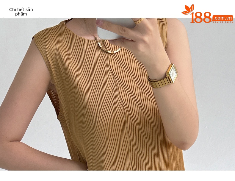 Đầm maxi nữ không tay cổ tròn chất liệu nhăn phong cách hiện đại — màu đen chi tiết 3