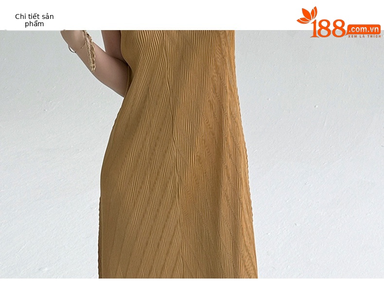 Đầm maxi nữ không tay cổ tròn chất liệu nhăn phong cách hiện đại — màu đen chi tiết 4