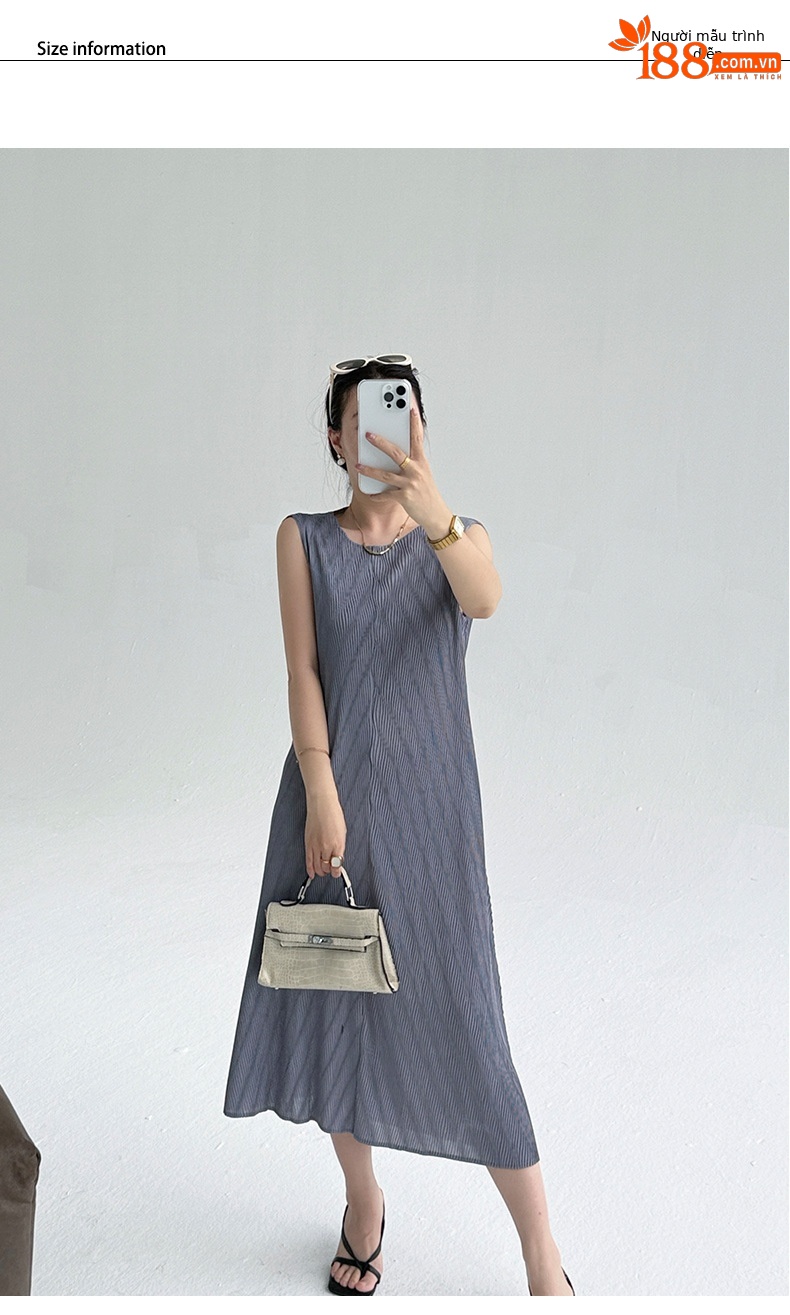 Đầm maxi nữ không tay cổ tròn chất liệu nhăn phong cách hiện đại — màu đen chi tiết 5