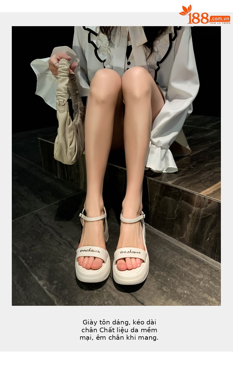 Sandal thể thao nữ đế xuồng cao 5 cm quai ngang chữ T — màu đen, màu trắng ngà chi tiết 4