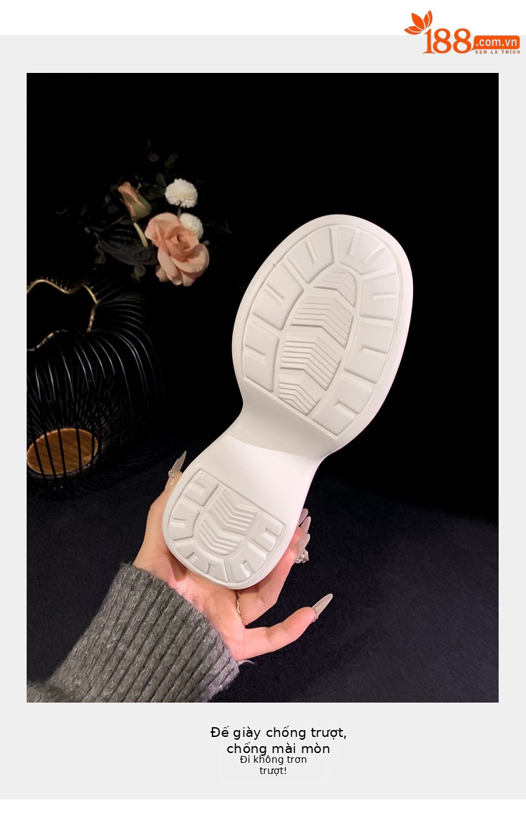 Sandal thể thao nữ đế xuồng cao 5 cm quai ngang chữ T — màu đen, màu trắng ngà chi tiết 6