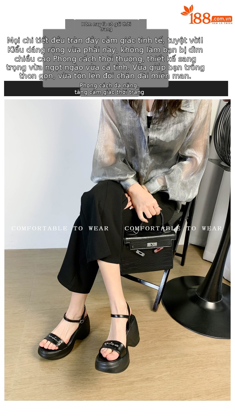 Sandal thể thao nữ đế xuồng cao 5 cm quai ngang chữ T — màu đen, màu trắng ngà chi tiết 2