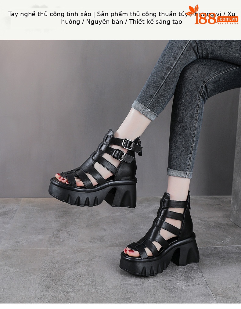 Sandal da bò cao gót nữ hở mũi quai La Mã đế tăng chiều cao — màu đen chi tiết 1
