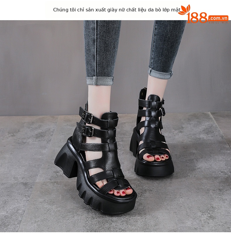 Sandal da bò cao gót nữ hở mũi quai La Mã đế tăng chiều cao — màu đen chi tiết 2