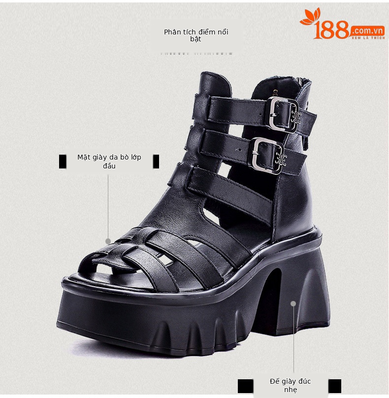 Sandal da bò cao gót nữ hở mũi quai La Mã đế tăng chiều cao — màu đen chi tiết 3