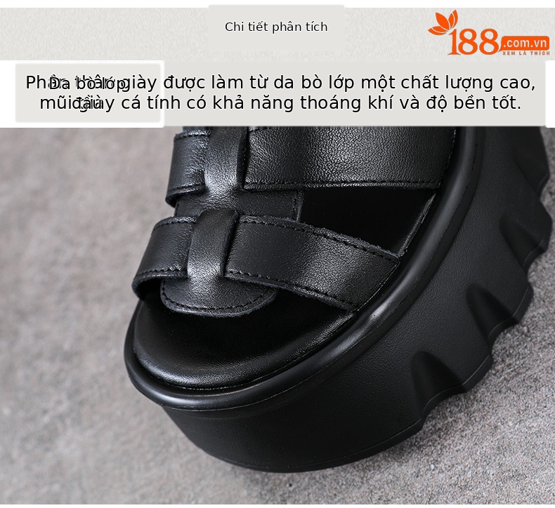Sandal da bò cao gót nữ hở mũi quai La Mã đế tăng chiều cao — màu đen chi tiết 4