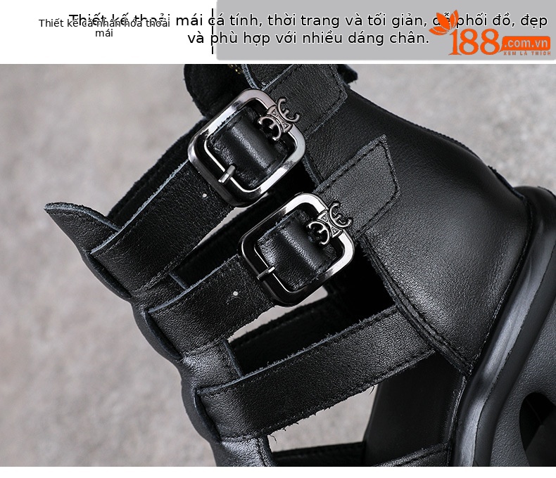 Sandal da bò cao gót nữ hở mũi quai La Mã đế tăng chiều cao — màu đen chi tiết 5