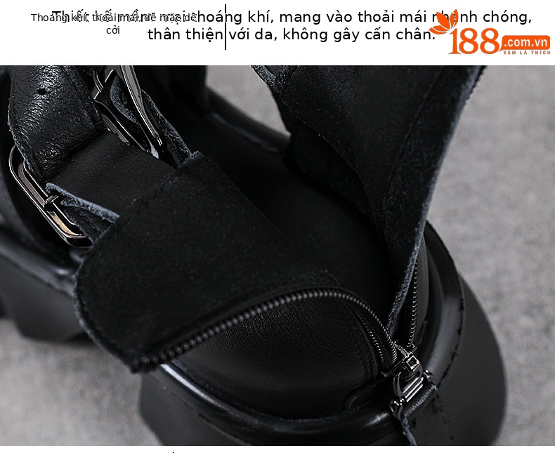 Sandal da bò cao gót nữ hở mũi quai La Mã đế tăng chiều cao — màu đen chi tiết 6