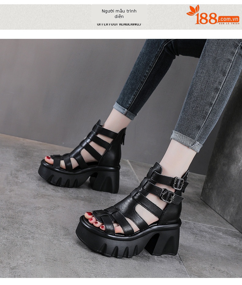 Sandal da bò cao gót nữ hở mũi quai La Mã đế tăng chiều cao — màu đen chi tiết 9
