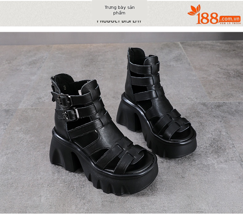 Sandal da bò cao gót nữ hở mũi quai La Mã đế tăng chiều cao — màu đen chi tiết 10